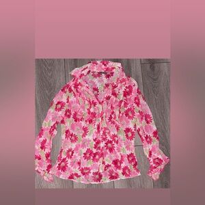 Per Una Girls Size 12 Large Long Sleeved Sheer Floral Blouse Ruffles Button Down